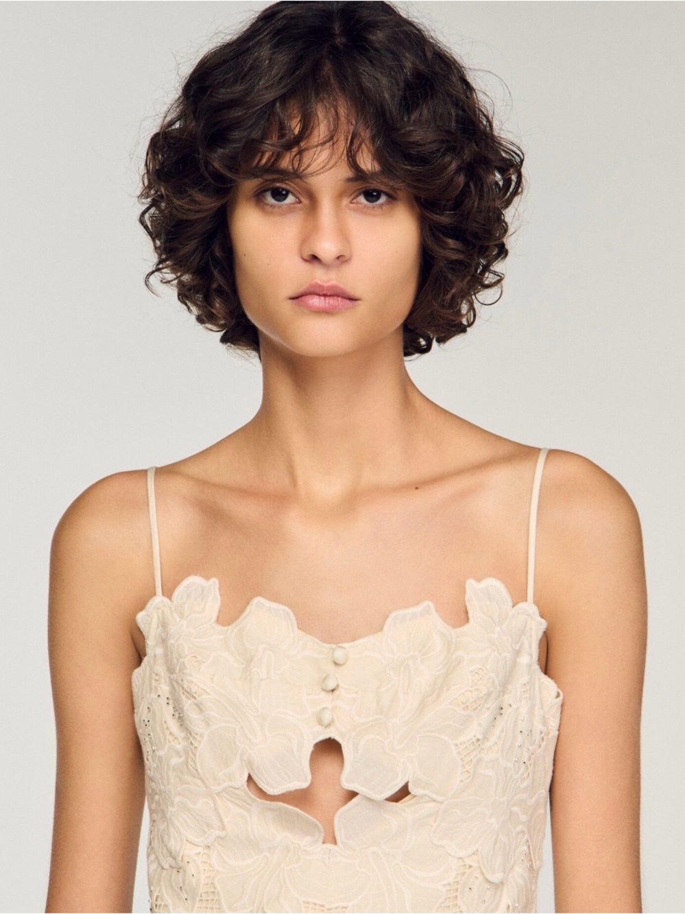 Sandro guipure Lace Bodice Spaghetti Strap Midi Dress in Cream - Picture 3 of 6